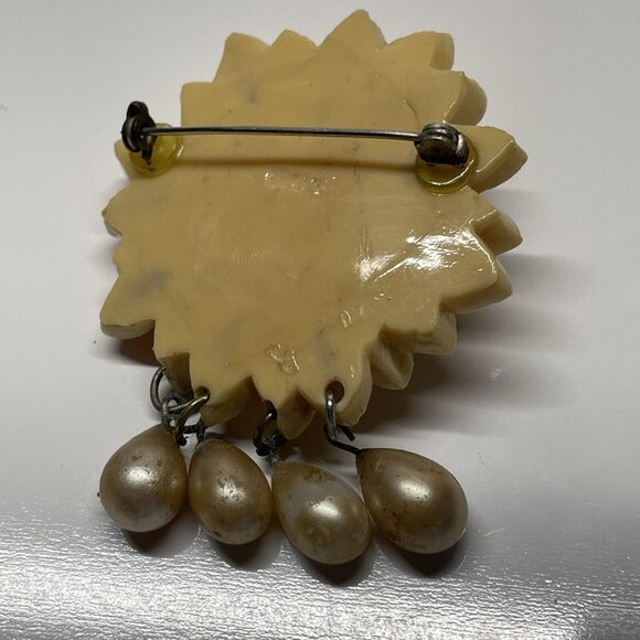 vintage Carved celluloid flower brooch dangle Beads Signed Handmade Aged 3D - Picture 3 of 14